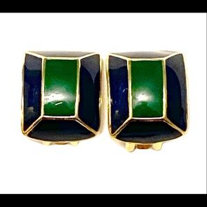 ORENA Paris Navy Blue Green Earrings Vintage Clip